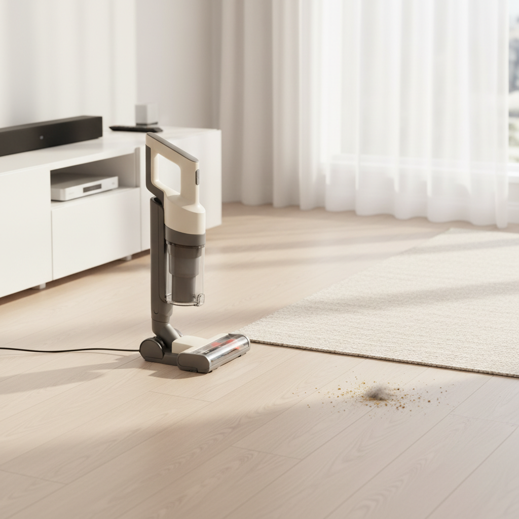 A bright, tidy living room scene showcasing a compact, cordless stick vacuum in a muted metallic finish and smooth plastic body, standing upright on a pale hardwood floor beside a low-profile cream rug. Nearby, a small grouping of everyday mess—crumbs, pet fur, and dust—demonstrates realistic usage. In the background, a modern entertainment unit holds a soundbar and a few neatly arranged tech gadgets, slightly out of focus. Natural afternoon light filters through sheer curtains, creating a soft glow and gentle side shadows. Framed with a rule-of-thirds composition from a slightly elevated angle, the mood is clean, practical, and reassuring, ideal for a trustworthy home product review in photographic realism.