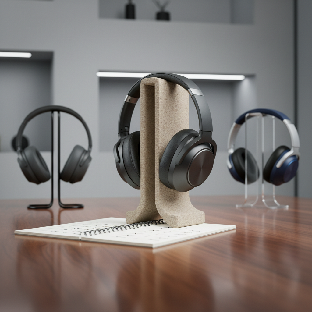 A polished wooden desk with a single feature product in the center: a high-end wireless noise-cancelling headphone in matte dark gray and brushed metal accents, resting on a neutral fabric stand. Around it, two smaller, slightly less premium headphones sit on simple stands, subtly suggesting alternatives. A slim, open notebook with abstract checkmark and cross symbols suggests clear pros and cons without text. Cool, even studio lighting highlights materials and textures, casting controlled shadows. Captured at an eye-level, three-quarter angle with shallow depth of field to keep the main product in crisp focus and the others softly blurred, conveying objective, professional product evaluation in photographic realism.