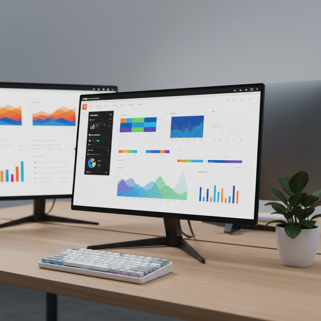 A well-organized workspace highlighting a mid-range 4K computer monitor with ultra-thin black bezels and a matte screen, showing a non-text abstract interface of colorful blocks and graphs symbolizing performance and SEO-optimized comparing. The monitor sits on a light oak desk with a compact mechanical keyboard and a small potted plant with glossy green leaves. Behind, two additional monitors of different sizes are slightly turned away, blurrier, hinting at alternative options and internal linking between reviews. Neutral, soft studio lighting with a slight cool temperature gives a crisp, professional look. Captured from a slightly elevated front angle, with moderate depth of field, the composition feels organized, balanced, and focused on clarity and productivity in photographic realism.